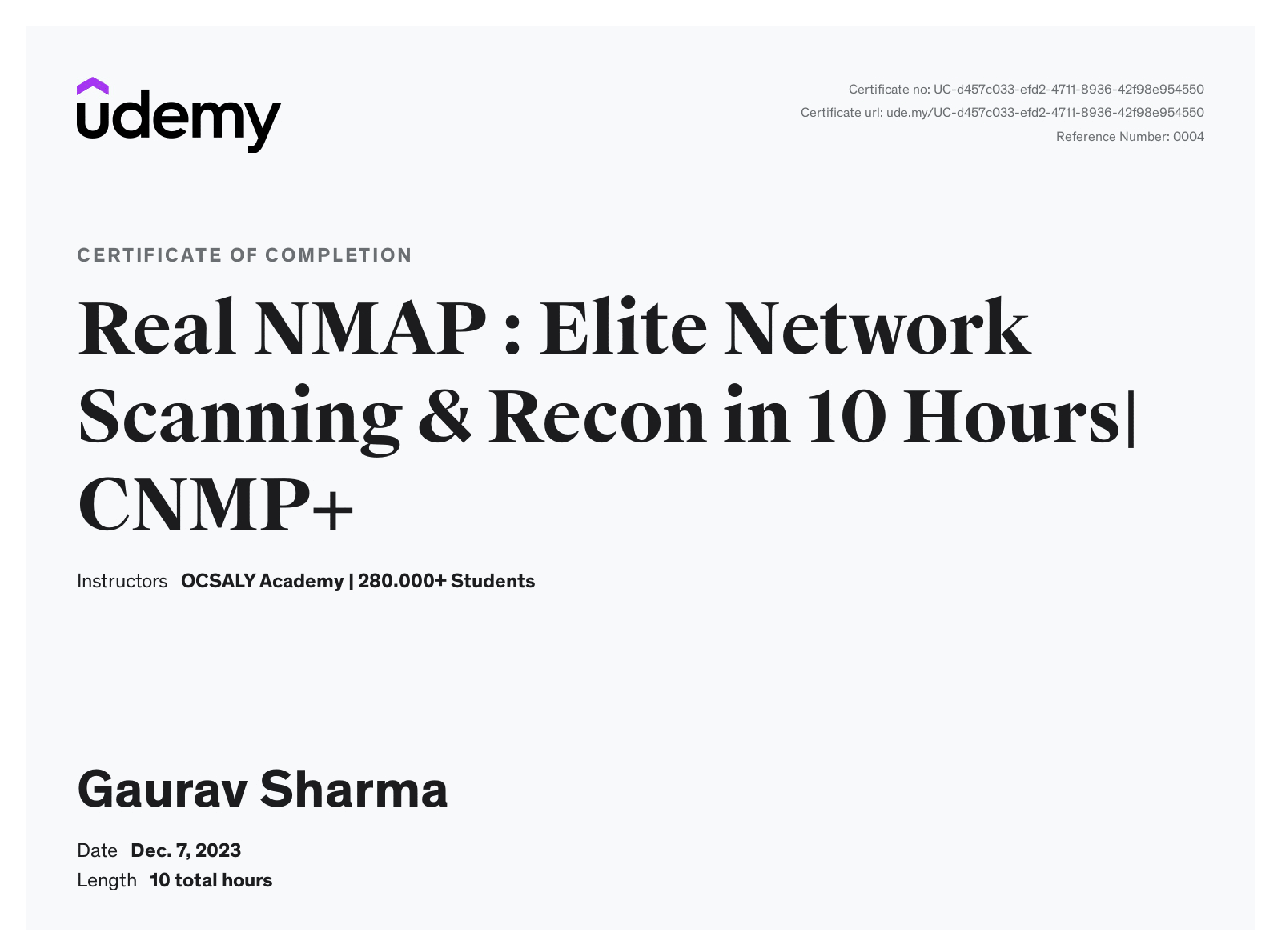 Nmap Certificate from Udemy